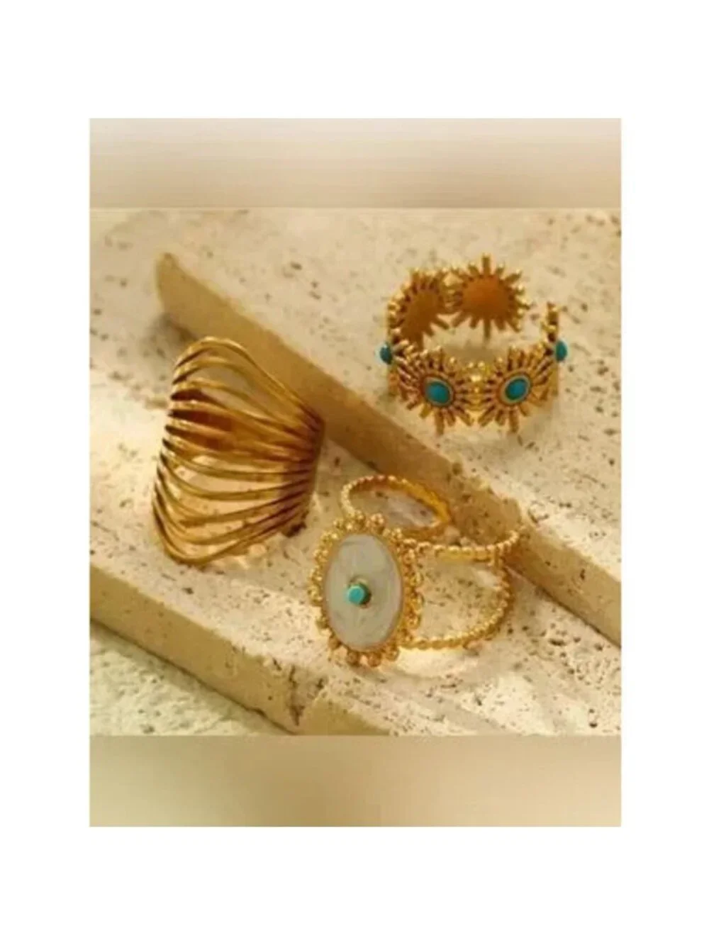 Gold Stainless Steel 3pc Adjustable Turquoise Ring Set